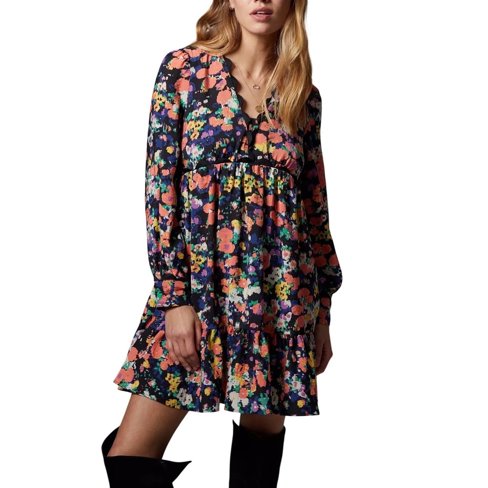 Maeve Anthropologie Piper Floral Mini Dress Womens SP Scalloped Boho Tiered
